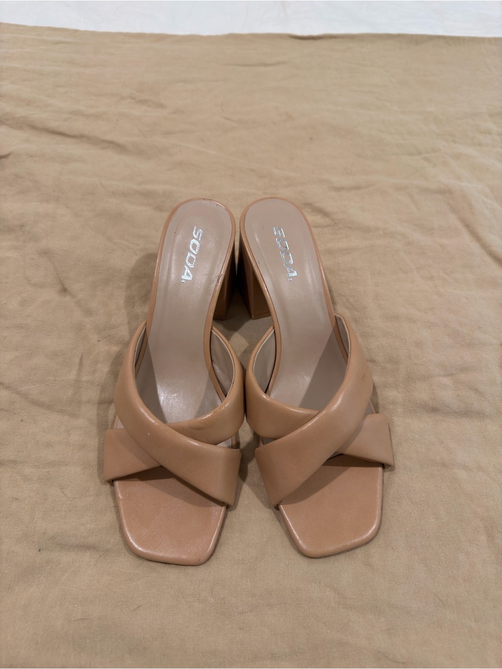 Soda Tan Crossover Slide Block Heels